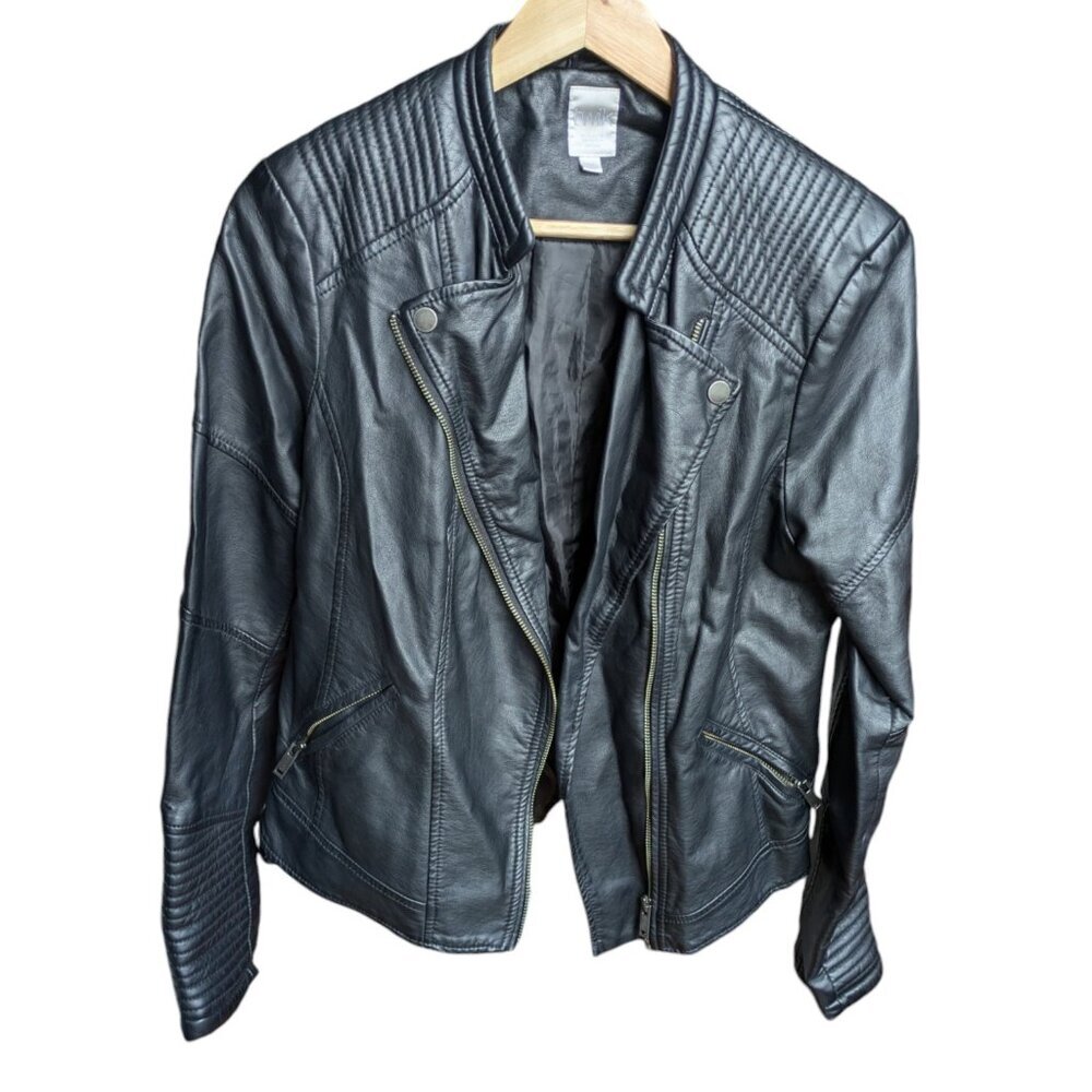 Simons Classic Black Faux Leather Jacket with Slim Fit, Women Large